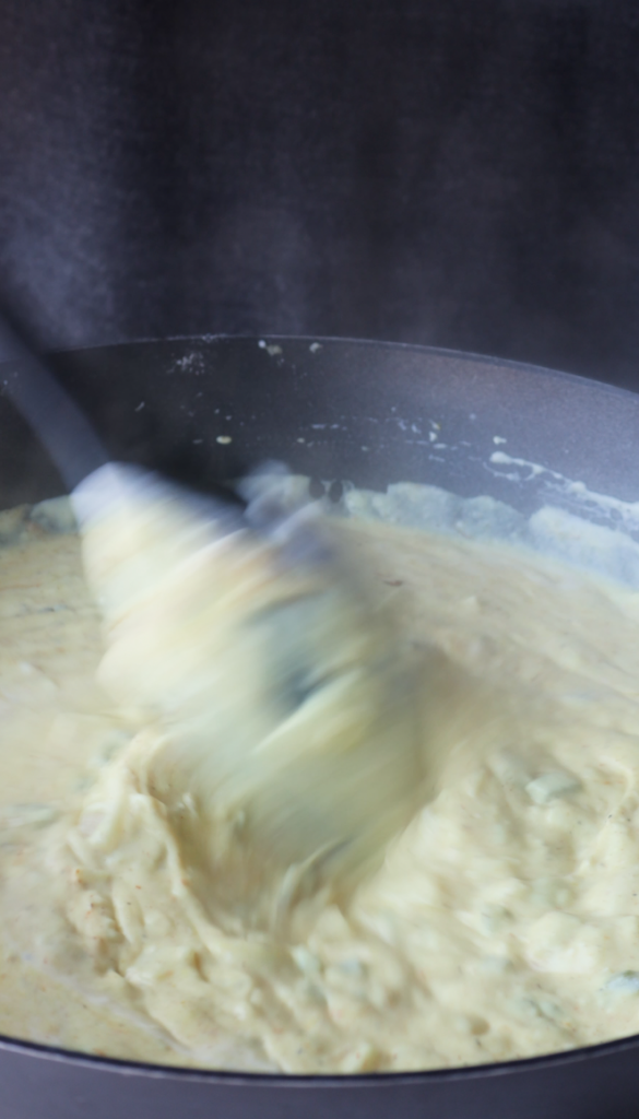 Saute onions and jalapeños in butter and garlic then add flour, whole milk, half and half cream, a perfect blend of seasonings, dijon mustard

